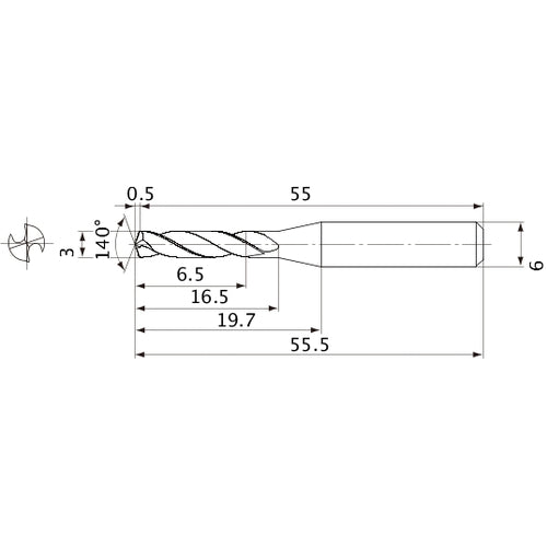MVE0300X02S060 DP1020 3 mm Dia. × 6 mm Shank × 16.5 mm Flute Length × 55.5 mm OAL, 140°, 2 Flute, External Coolant, Solid Carbide Drill