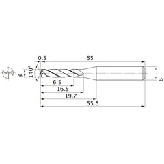 MVE0300X02S060 DP1020 3 mm Dia. × 6 mm Shank × 16.5 mm Flute Length × 55.5 mm OAL, 140°, 2 Flute, External Coolant, Solid Carbide Drill