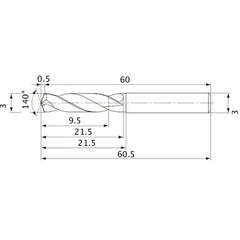 MVE0300X03S030 DP1020 3 mm Dia. × 3 mm Shank × 21.5 mm Flute Length × 60.5 mm OAL, 140°, 2 Flute, External Coolant, Solid Carbide Drill