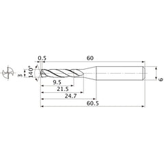 MVE0300X03S060 DP1020 3 mm Dia. × 6 mm Shank × 21.5 mm Flute Length × 60.5 mm OAL, 140°, 2 Flute, External Coolant, Solid Carbide Drill