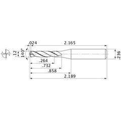 MVE0305X02S060 DP1020 0.12″ Dia. × 0.236″ Shank × 0.732″ Flute Length × 2.189″ OAL, 140°, 2 Flute, External Coolant, Solid Carbide Drill