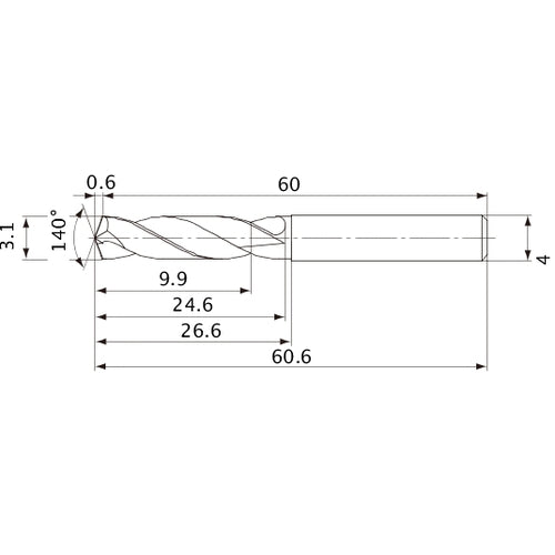 MVE0310X03S040 DP1020 3.1 mm Dia. × 4 mm Shank × 24.6 mm Flute Length × 60.6 mm OAL, 140°, 2 Flute, External Coolant, Solid Carbide Drill