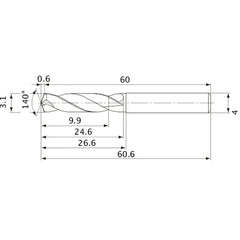 MVE0310X03S040 DP1020 3.1 mm Dia. × 4 mm Shank × 24.6 mm Flute Length × 60.6 mm OAL, 140°, 2 Flute, External Coolant, Solid Carbide Drill