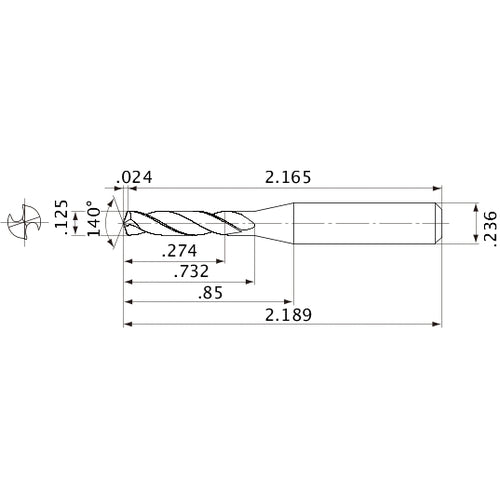 MVE0318X02S060 DP1020 1/8″ Dia. × 0.236″ Shank × 0.732″ Flute Length × 2.189″ OAL, 140°, 2 Flute, External Coolant, Solid Carbide Drill