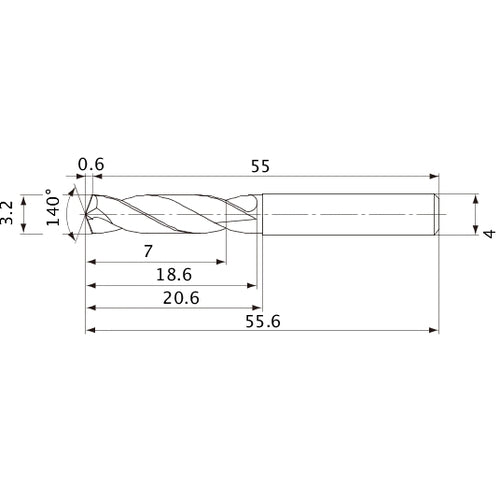 MVE0320X02S040 DP1020 3.2 mm Dia. × 4 mm Shank × 18.6 mm Flute Length × 55.6 mm OAL, 140°, 2 Flute, External Coolant, Solid Carbide Drill