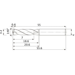 MVE0320X02S040 DP1020 3.2 mm Dia. × 4 mm Shank × 18.6 mm Flute Length × 55.6 mm OAL, 140°, 2 Flute, External Coolant, Solid Carbide Drill