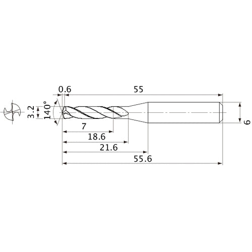 MVE0320X02S060 DP1020 3.2 mm Dia. × 6 mm Shank × 18.6 mm Flute Length × 55.6 mm OAL, 140°, 2 Flute, External Coolant, Solid Carbide Drill