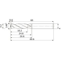 MVE0320X03S040 DP1020 3.2 mm Dia. × 4 mm Shank × 24.6 mm Flute Length × 60.6 mm OAL, 140°, 2 Flute, External Coolant, Solid Carbide Drill