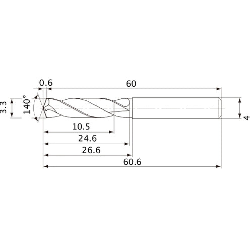 MVE0330X03S040 DP1020 3.3 mm Dia. × 4 mm Shank × 24.6 mm Flute Length × 60.6 mm OAL, 140°, 2 Flute, External Coolant, Solid Carbide Drill
