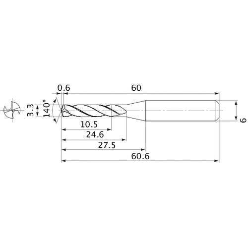 MVE0330X03S060 DP1020 3.3 mm Dia. × 6 mm Shank × 24.6 mm Flute Length × 60.6 mm OAL, 140°, 2 Flute, External Coolant, Solid Carbide Drill