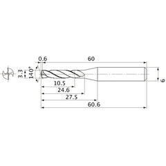 MVE0330X03S060 DP1020 3.3 mm Dia. × 6 mm Shank × 24.6 mm Flute Length × 60.6 mm OAL, 140°, 2 Flute, External Coolant, Solid Carbide Drill