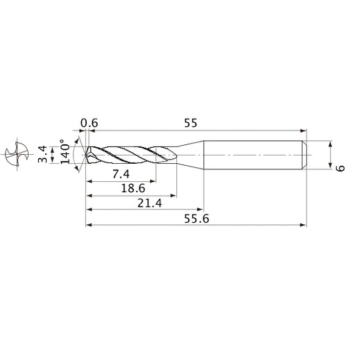 MVE0340X02S060 DP1020 3.4 mm Dia. × 6 mm Shank × 18.6 mm Flute Length × 55.6 mm OAL, 140°, 2 Flute, External Coolant, Solid Carbide Drill