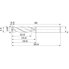 MVE0340X03S040 DP1020 3.4 mm Dia. × 4 mm Shank × 24.6 mm Flute Length × 60.6 mm OAL, 140°, 2 Flute, External Coolant, Solid Carbide Drill