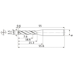 MVE0350X02S060 DP1020 3.5 mm Dia. × 6 mm Shank × 18.6 mm Flute Length × 55.6 mm OAL, 140°, 2 Flute, External Coolant, Solid Carbide Drill