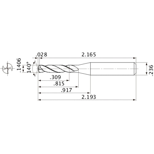 MVE0357X02S060 DP1020 0.1406″ Dia. × 0.236″ Shank × 0.815″ Flute Length × 2.193″ OAL, 140°, 2 Flute, External Coolant, Solid Carbide Drill