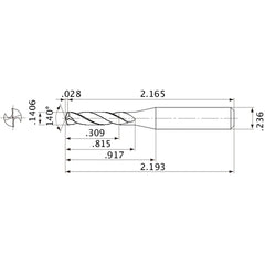 MVE0357X02S060 DP1020 0.1406″ Dia. × 0.236″ Shank × 0.815″ Flute Length × 2.193″ OAL, 140°, 2 Flute, External Coolant, Solid Carbide Drill