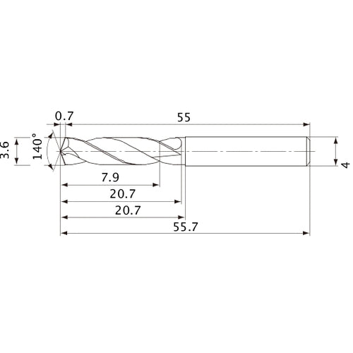 MVE0360X02S040 DP1020 3.6 mm Dia. × 4 mm Shank × 20.7 mm Flute Length × 55.7 mm OAL, 140°, 2 Flute, External Coolant, Solid Carbide Drill