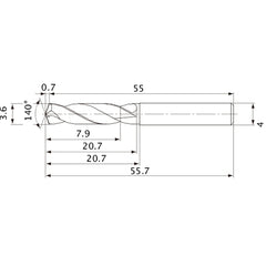 MVE0360X02S040 DP1020 3.6 mm Dia. × 4 mm Shank × 20.7 mm Flute Length × 55.7 mm OAL, 140°, 2 Flute, External Coolant, Solid Carbide Drill