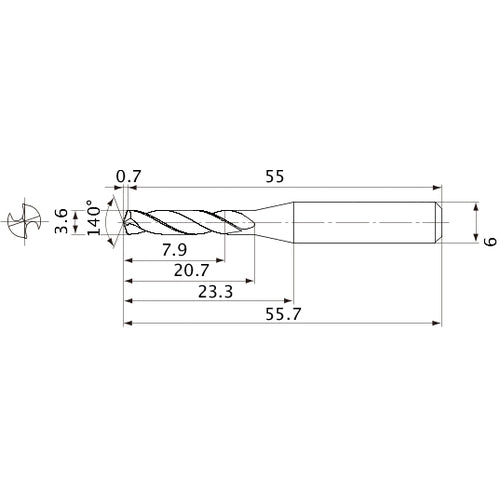 MVE0360X02S060 DP1020 3.6 mm Dia. × 6 mm Shank × 20.7 mm Flute Length × 55.7 mm OAL, 140°, 2 Flute, External Coolant, Solid Carbide Drill