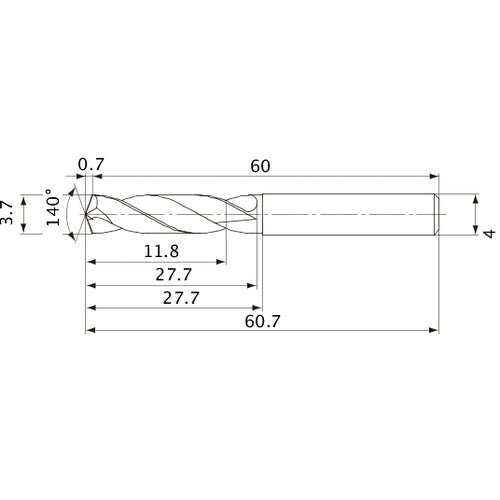 MVE0370X03S040 DP1020 3.7 mm Dia. × 4 mm Shank × 27.7 mm Flute Length × 60.7 mm OAL, 140°, 2 Flute, External Coolant, Solid Carbide Drill