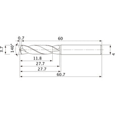 MVE0370X03S040 DP1020 3.7 mm Dia. × 4 mm Shank × 27.7 mm Flute Length × 60.7 mm OAL, 140°, 2 Flute, External Coolant, Solid Carbide Drill