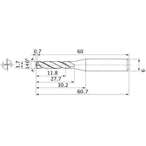 MVE0370X03S060 DP1020 3.7 mm Dia. × 6 mm Shank × 27.7 mm Flute Length × 60.7 mm OAL, 140°, 2 Flute, External Coolant, Solid Carbide Drill