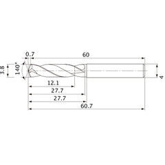 MVE0380X03S040 DP1020 3.8 mm Dia. × 4 mm Shank × 27.7 mm Flute Length × 60.7 mm OAL, 140°, 2 Flute, External Coolant, Solid Carbide Drill