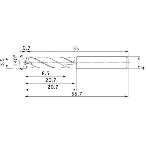 MVE0390X02S040 DP1020 3.9 mm Dia. × 4 mm Shank × 20.7 mm Flute Length × 55.7 mm OAL, 140°, 2 Flute, External Coolant, Solid Carbide Drill