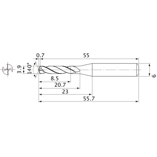 MVE0390X02S060 DP1020 3.9 mm Dia. × 6 mm Shank × 20.7 mm Flute Length × 55.7 mm OAL, 140°, 2 Flute, External Coolant, Solid Carbide Drill