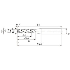MVE0390X02S060 DP1020 3.9 mm Dia. × 6 mm Shank × 20.7 mm Flute Length × 55.7 mm OAL, 140°, 2 Flute, External Coolant, Solid Carbide Drill