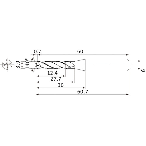 MVE0390X03S060 DP1020 3.9 mm Dia. × 6 mm Shank × 27.7 mm Flute Length × 60.7 mm OAL, 140°, 2 Flute, External Coolant, Solid Carbide Drill