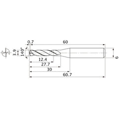 MVE0390X03S060 DP1020 3.9 mm Dia. × 6 mm Shank × 27.7 mm Flute Length × 60.7 mm OAL, 140°, 2 Flute, External Coolant, Solid Carbide Drill