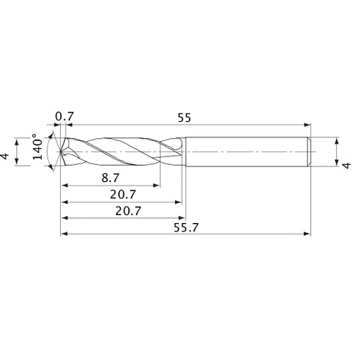 MVE0400X02S040 DP1020 4 mm Dia. × 4 mm Shank × 20.7 mm Flute Length × 55.7 mm OAL, 140°, 2 Flute, External Coolant, Solid Carbide Drill