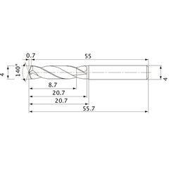 MVE0400X02S040 DP1020 4 mm Dia. × 4 mm Shank × 20.7 mm Flute Length × 55.7 mm OAL, 140°, 2 Flute, External Coolant, Solid Carbide Drill