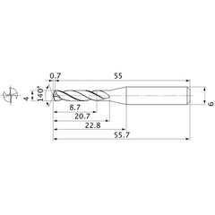 MVE0400X02S060 DP1020 4 mm Dia. × 6 mm Shank × 20.7 mm Flute Length × 55.7 mm OAL, 140°, 2 Flute, External Coolant, Solid Carbide Drill
