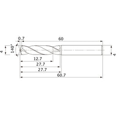 MVE0400X03S040 DP1020 4 mm Dia. × 4 mm Shank × 27.7 mm Flute Length × 60.7 mm OAL, 140°, 2 Flute, External Coolant, Solid Carbide Drill