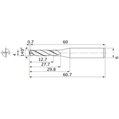 MVE0400X03S060 DP1020 4 mm Dia. × 6 mm Shank × 27.7 mm Flute Length × 60.7 mm OAL, 140°, 2 Flute, External Coolant, Solid Carbide Drill