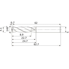 MVE0410X02S050 DP1020 4.1 mm Dia. × 5 mm Shank × 22.7 mm Flute Length × 62.7 mm OAL, 140°, 2 Flute, External Coolant, Solid Carbide Drill