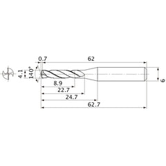 MVE0410X02S060 DP1020 4.1 mm Dia. × 6 mm Shank × 22.7 mm Flute Length × 62.7 mm OAL, 140°, 2 Flute, External Coolant, Solid Carbide Drill