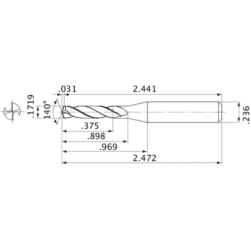 MVE0437X02S060 DP1020 0.1719″ Dia. × 0.236″ Shank × 0.898″ Flute Length × 2.472″ OAL, 140°, 2 Flute, External Coolant, Solid Carbide Drill