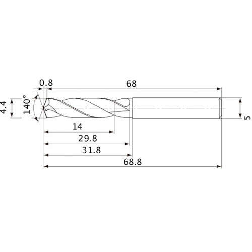 MVE0440X03S050 DP1020 4.4 mm Dia. × 5 mm Shank × 29.8 mm Flute Length × 68.8 mm OAL, 140°, 2 Flute, External Coolant, Solid Carbide Drill