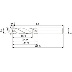 MVE0470X02S050 DP1020 4.7 mm Dia. × 5 mm Shank × 24.9 mm Flute Length × 62.9 mm OAL, 140°, 2 Flute, External Coolant, Solid Carbide Drill