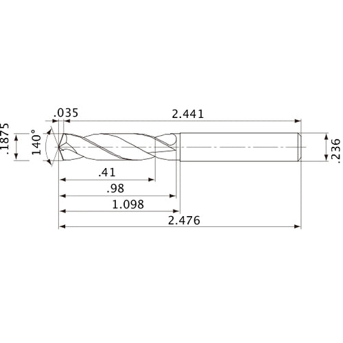 MVE0476X02S060 DP1020 3/16″ Dia. × 0.236″ Shank × 0.98″ Flute Length × 2.476″ OAL, 140°, 2 Flute, External Coolant, Solid Carbide Drill
