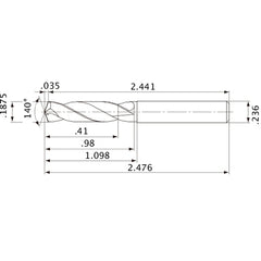 MVE0476X02S060 DP1020 3/16″ Dia. × 0.236″ Shank × 0.98″ Flute Length × 2.476″ OAL, 140°, 2 Flute, External Coolant, Solid Carbide Drill