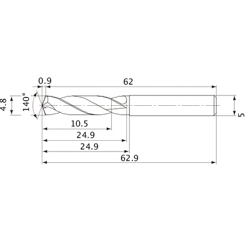 MVE0480X02S050 DP1020 4.8 mm Dia. × 5 mm Shank × 24.9 mm Flute Length × 62.9 mm OAL, 140°, 2 Flute, External Coolant, Solid Carbide Drill