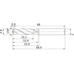 MVE0480X03S050 DP1020 4.8 mm Dia. × 5 mm Shank × 32.9 mm Flute Length × 68.9 mm OAL, 140°, 2 Flute, External Coolant, Solid Carbide Drill