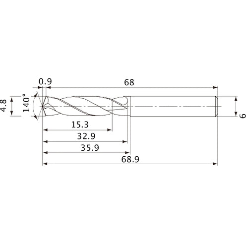 MVE0480X03S060 DP1020 4.8 mm Dia. × 6 mm Shank × 32.9 mm Flute Length × 68.9 mm OAL, 140°, 2 Flute, External Coolant, Solid Carbide Drill