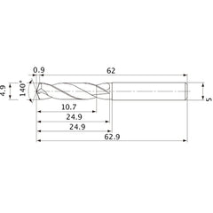 MVE0490X02S050 DP1020 4.9 mm Dia. × 5 mm Shank × 24.9 mm Flute Length × 62.9 mm OAL, 140°, 2 Flute, External Coolant, Solid Carbide Drill