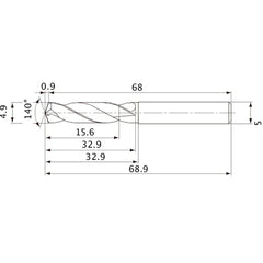 MVE0490X03S050 DP1020 4.9 mm Dia. × 5 mm Shank × 32.9 mm Flute Length × 68.9 mm OAL, 140°, 2 Flute, External Coolant, Solid Carbide Drill