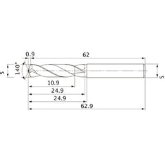 MVE0500X02S050 DP1020 5 mm Dia. × 5 mm Shank × 24.9 mm Flute Length × 62.9 mm OAL, 140°, 2 Flute, External Coolant, Solid Carbide Drill